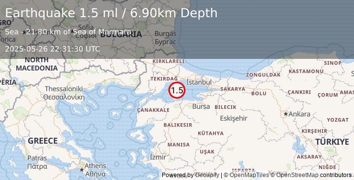 Earthquake WESTERN TURKEY (1.5 ml) (2025-05-26 22:31:30 UTC)