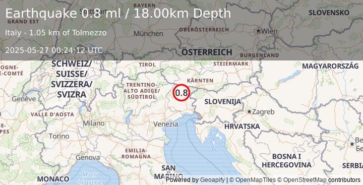 Earthquake NORTHERN ITALY (0.8 ml) (2025-05-27 00:24:12 UTC)