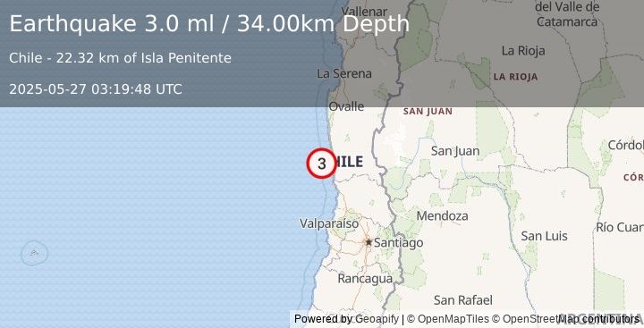Earthquake OFFSHORE COQUIMBO, CHILE (3.0 ml) (2025-05-27 03:19:48 UTC)