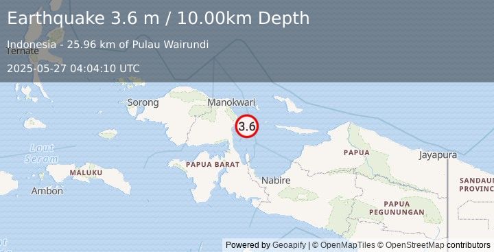 Earthquake NEAR N COAST OF PAPUA, INDONESIA (3.6 m) (2025-05-27 04:04:10 UTC)