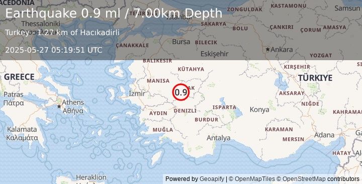 Earthquake WESTERN TURKEY (0.9 ml) (2025-05-27 05:19:51 UTC)
