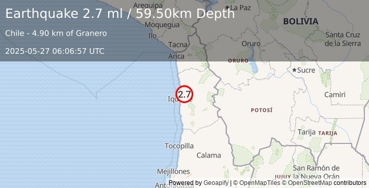 Earthquake TARAPACA, CHILE (2.7 ml) (2025-05-27 06:06:57 UTC)