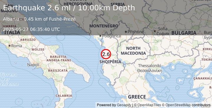 Earthquake ALBANIA (2.6 ml) (2025-05-27 06:35:41 UTC)