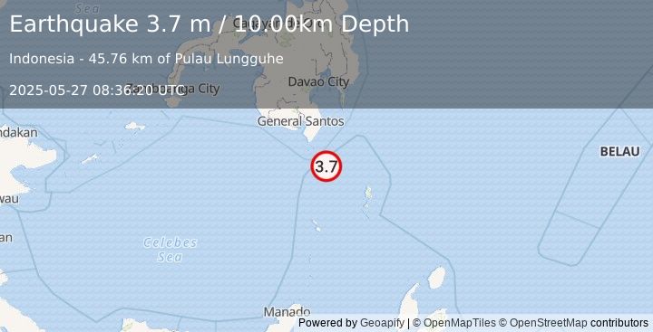 Earthquake MINDANAO, PHILIPPINES (3.7 m) (2025-05-27 08:36:20 UTC)