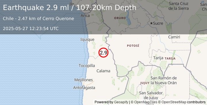 Earthquake TARAPACA, CHILE (2.9 ml) (2025-05-27 12:23:54 UTC)
