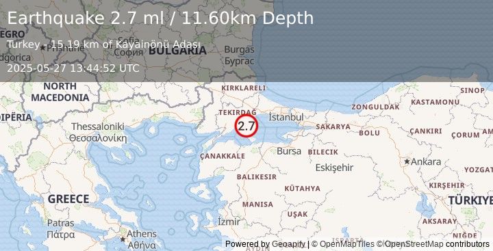 Earthquake WESTERN TURKEY (2.7 ml) (2025-05-27 13:44:52 UTC)