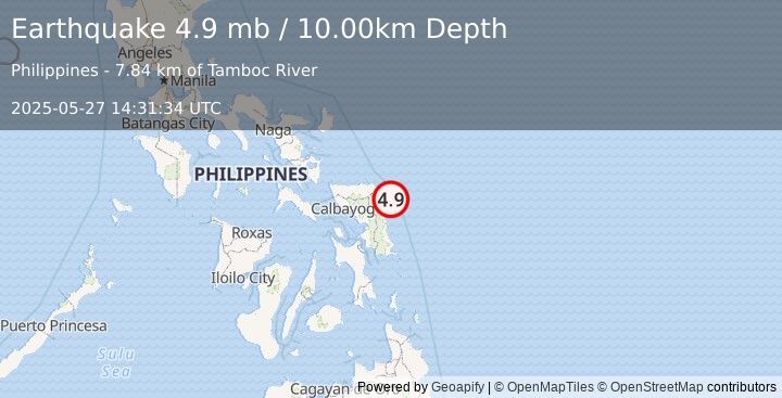 Earthquake SAMAR, PHILIPPINES (4.9 mb) (2025-05-27 14:31:34 UTC)