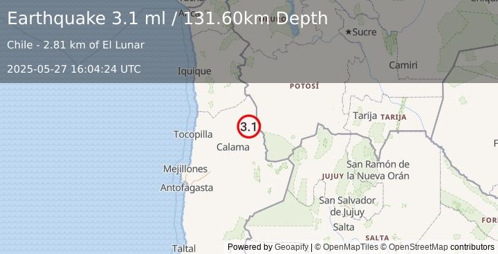 Earthquake ANTOFAGASTA, CHILE (3.1 ml) (2025-05-27 16:04:24 UTC)