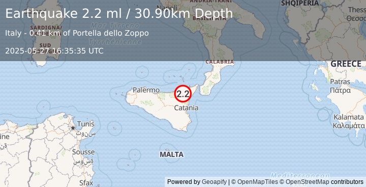 Earthquake SICILY, ITALY (2.2 ml) (2025-05-27 16:35:35 UTC)
