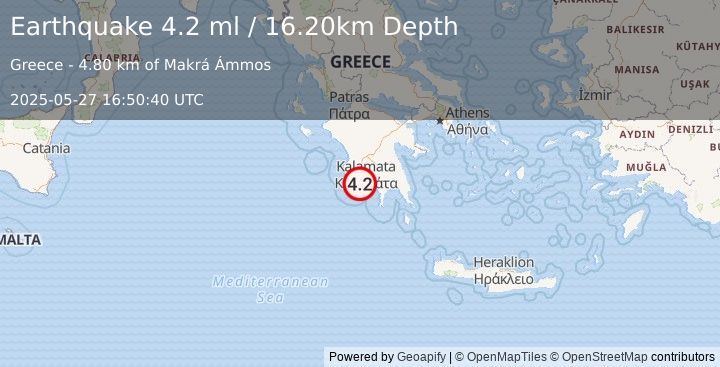 Earthquake SOUTHERN GREECE (4.2 ml) (2025-05-27 16:50:41 UTC)