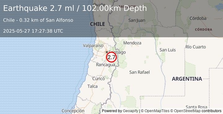Earthquake REGION METROPOLITANA, CHILE (3.1 ml) (2025-05-27 17:27:38 UTC)