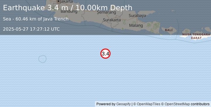 Earthquake SOUTH OF JAVA, INDONESIA (3.4 m) (2025-05-27 17:27:12 UTC)