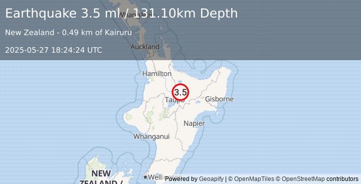 Earthquake NORTH ISLAND OF NEW ZEALAND (3.5 ml) (2025-05-27 18:24:24 UTC)
