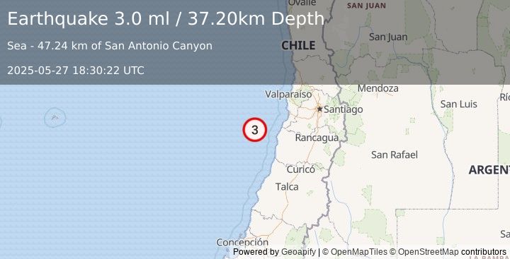 Earthquake OFFSHORE O'HIGGINS, CHILE (3.0 ml) (2025-05-27 18:30:22 UTC)
