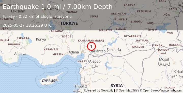 Earthquake CENTRAL TURKEY (1.0 ml) (2025-05-27 18:26:29 UTC)