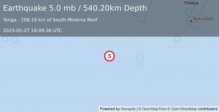 Earthquake SOUTH OF FIJI ISLANDS (5.0 mb) (2025-05-27 18:49:36 UTC)