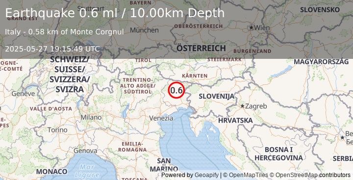 Earthquake NORTHERN ITALY (0.6 ml) (2025-05-27 19:15:49 UTC)