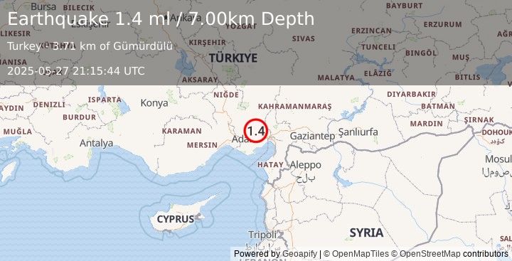 Earthquake CENTRAL TURKEY (1.4 ml) (2025-05-27 21:15:44 UTC)