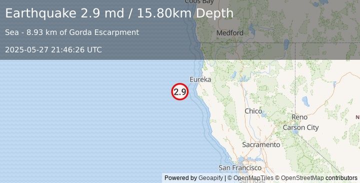 Earthquake OFFSHORE NORTHERN CALIFORNIA (2.9 md) (2025-05-27 21:46:26 UTC)