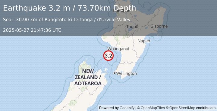 Earthquake COOK STRAIT, NEW ZEALAND (3.2 m) (2025-05-27 21:47:36 UTC)