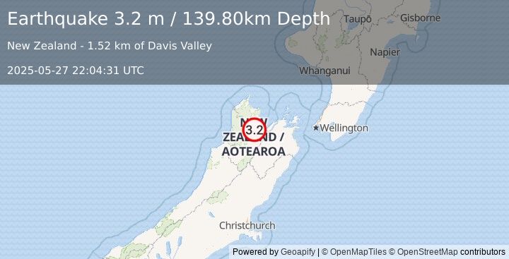 Earthquake SOUTH ISLAND OF NEW ZEALAND (3.2 m) (2025-05-27 22:04:31 UTC)