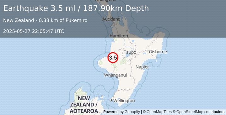 Earthquake NORTH ISLAND OF NEW ZEALAND (3.5 ml) (2025-05-27 22:05:47 UTC)