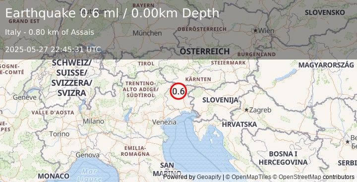 Earthquake NORTHERN ITALY (0.6 ml) (2025-05-27 22:45:31 UTC)