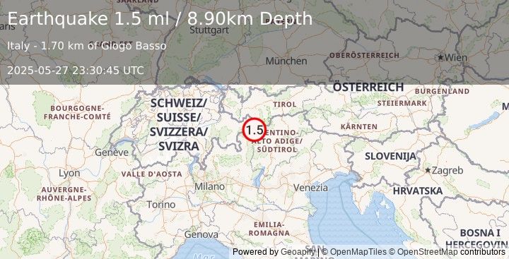 Earthquake NORTHERN ITALY (1.5 ml) (2025-05-27 23:30:45 UTC)