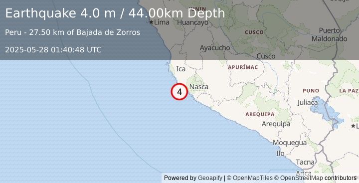 Earthquake NEAR COAST OF CENTRAL PERU (4.0 m) (2025-05-28 01:40:48 UTC)