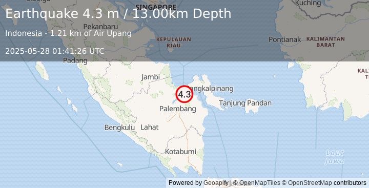 Earthquake SOUTHERN SUMATRA, INDONESIA (4.3 m) (2025-05-28 01:41:26 UTC)