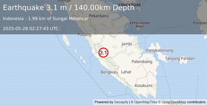 Earthquake SOUTHERN SUMATRA, INDONESIA (3.1 m) (2025-05-28 02:27:43 UTC)