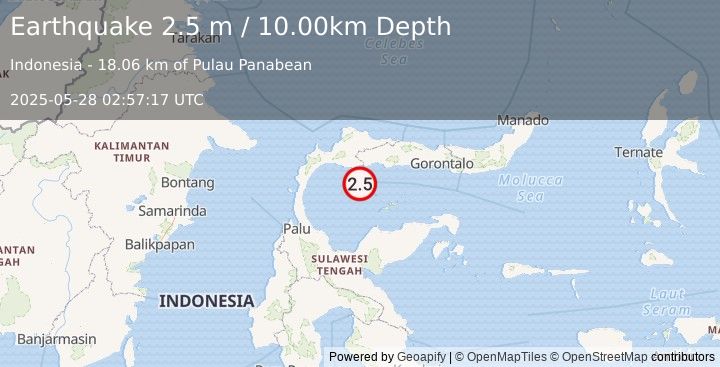 Earthquake MINAHASA, SULAWESI, INDONESIA (2.5 m) (2025-05-28 02:57:17 UTC)