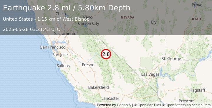 Earthquake CENTRAL CALIFORNIA (2.8 ml) (2025-05-28 03:21:43 UTC)