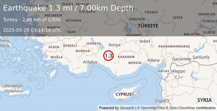 Earthquake CENTRAL TURKEY (1.3 ml) (2025-05-28 03:14:16 UTC)