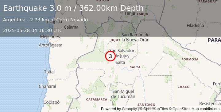 Earthquake SALTA, ARGENTINA (3.0 m) (2025-05-28 04:16:30 UTC)