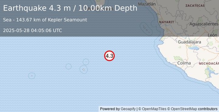 Earthquake REVILLA GIGEDO ISLANDS REGION (4.3 m) (2025-05-28 04:05:06 UTC)