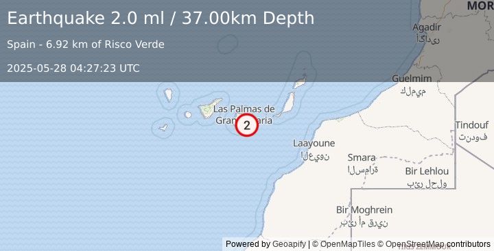 Earthquake CANARY ISLANDS, SPAIN REGION (2.0 ml) (2025-05-28 04:27:23 UTC)