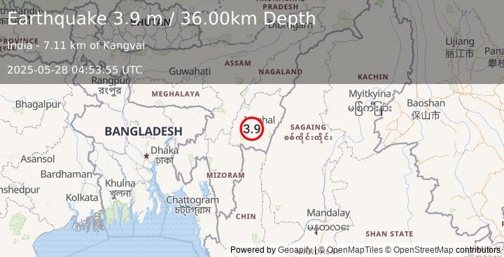 Earthquake MANIPUR, INDIA REGION (3.9 m) (2025-05-28 04:53:55 UTC)