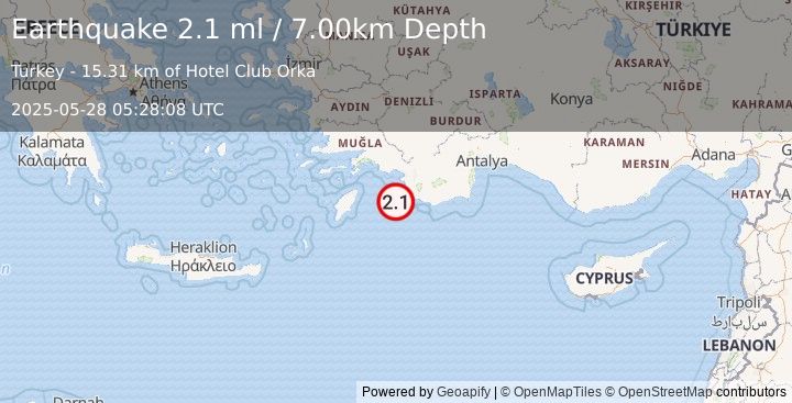 Earthquake DODECANESE IS.-TURKEY BORDER REG (2.1 ml) (2025-05-28 05:28:08 UTC)