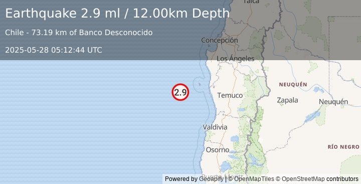 Earthquake OFF COAST OF ARAUCANIA, CHILE (2.9 ml) (2025-05-28 05:12:44 UTC)