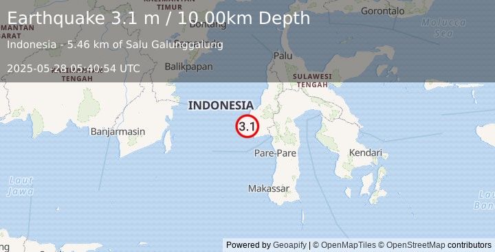 Earthquake SULAWESI, INDONESIA (3.1 m) (2025-05-28 05:40:54 UTC)