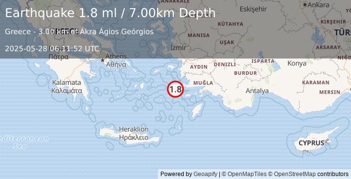 Earthquake DODECANESE IS.-TURKEY BORDER REG (1.8 ml) (2025-05-28 06:11:52 UTC)