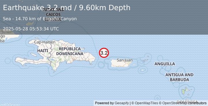 Earthquake PUERTO RICO REGION (3.2 md) (2025-05-28 05:53:34 UTC)