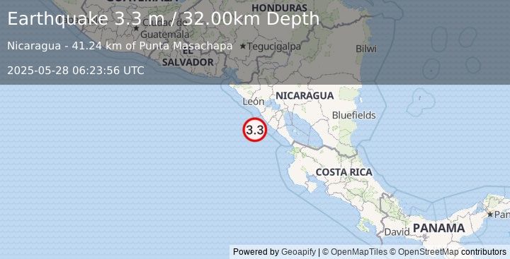 Earthquake NEAR COAST OF NICARAGUA (3.3 m) (2025-05-28 06:23:56 UTC)