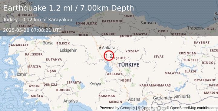 Earthquake CENTRAL TURKEY (1.2 ml) (2025-05-28 07:08:21 UTC)