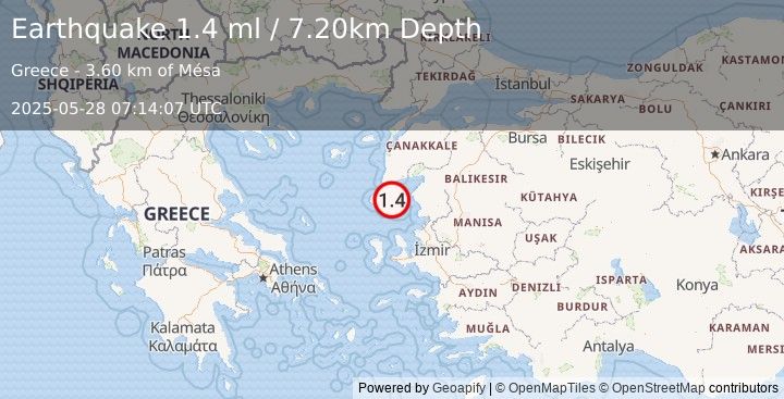 Earthquake NEAR THE COAST OF WESTERN TURKEY (1.4 ml) (2025-05-28 07:14:07 UTC)