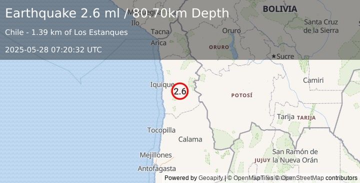 Earthquake TARAPACA, CHILE (2.6 ml) (2025-05-28 07:20:32 UTC)