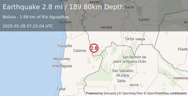 Earthquake POTOSI, BOLIVIA (2.8 ml) (2025-05-28 07:25:04 UTC)