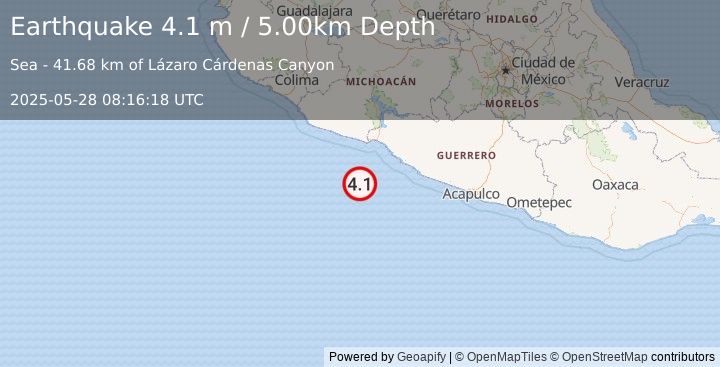 Earthquake OFFSHORE GUERRERO, MEXICO (4.1 m) (2025-05-28 08:16:18 UTC)