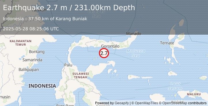 Earthquake MINAHASA, SULAWESI, INDONESIA (2.7 m) (2025-05-28 08:25:06 UTC)